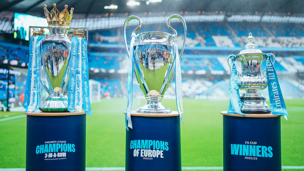 CHAMPIONS: Our treble is displayed for all to see on the Etihad turf.