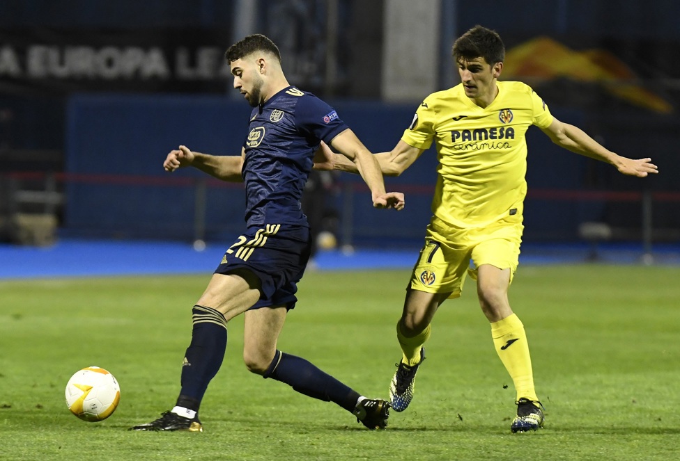 DYNAMIC DINAMO: :  Gvardiol battles Gerard Moreno for possession during Zagreb’s Europa League quarter-final first leg against Villarreal in April 2021 -