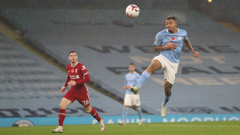 HEADY HEIGHTS: Gabriel Jesus plants a header just wide