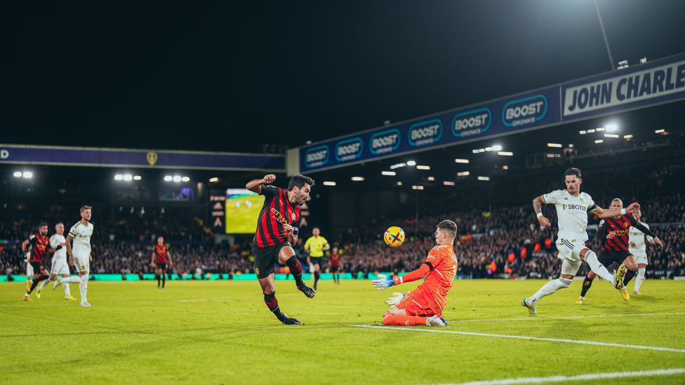 DENIED : Gundogan's effort is well saved by Meslier.