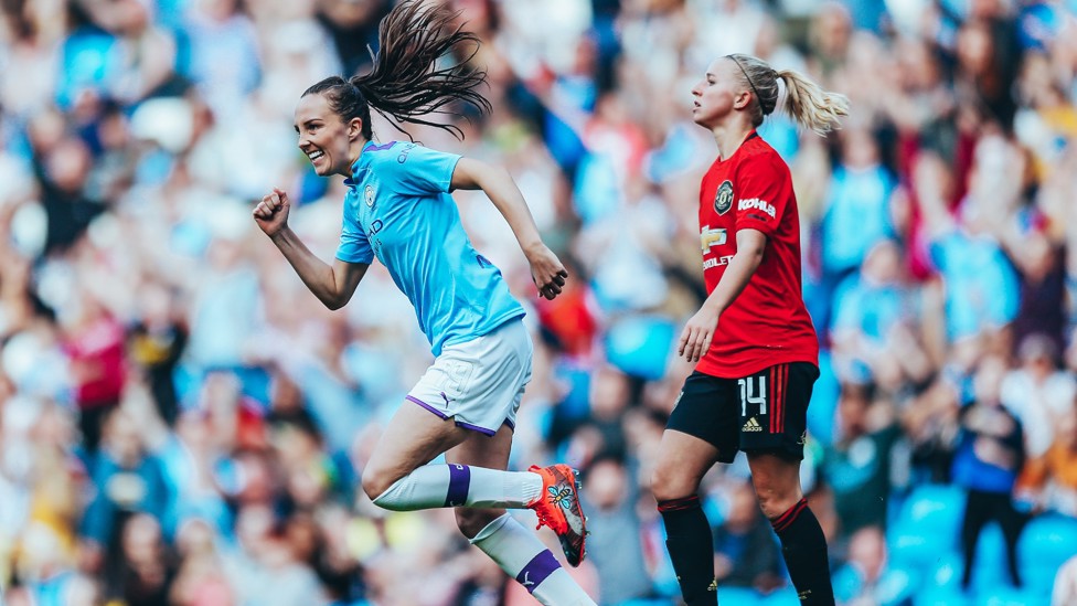 WEIR WONDER GOAL : Caroline Weir wheels away after scoring the winner against  United in the 2019 Manchester derby