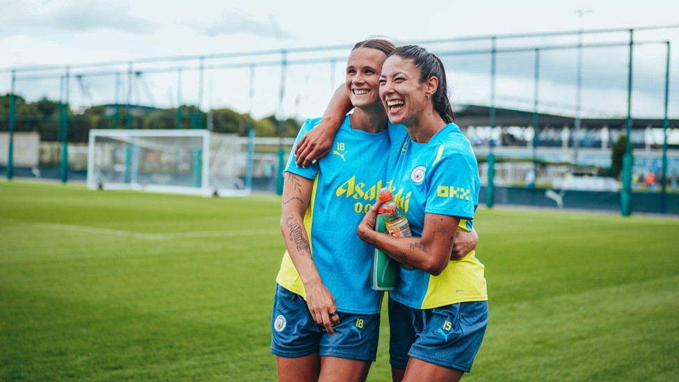 BESTIES : Kerstin Casparij and Leila Ouahabi in high spirits as they take to the pitch.