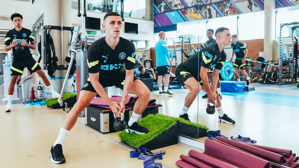 WORK STATION: Phil Foden puts in the hard yards at the CFA gym