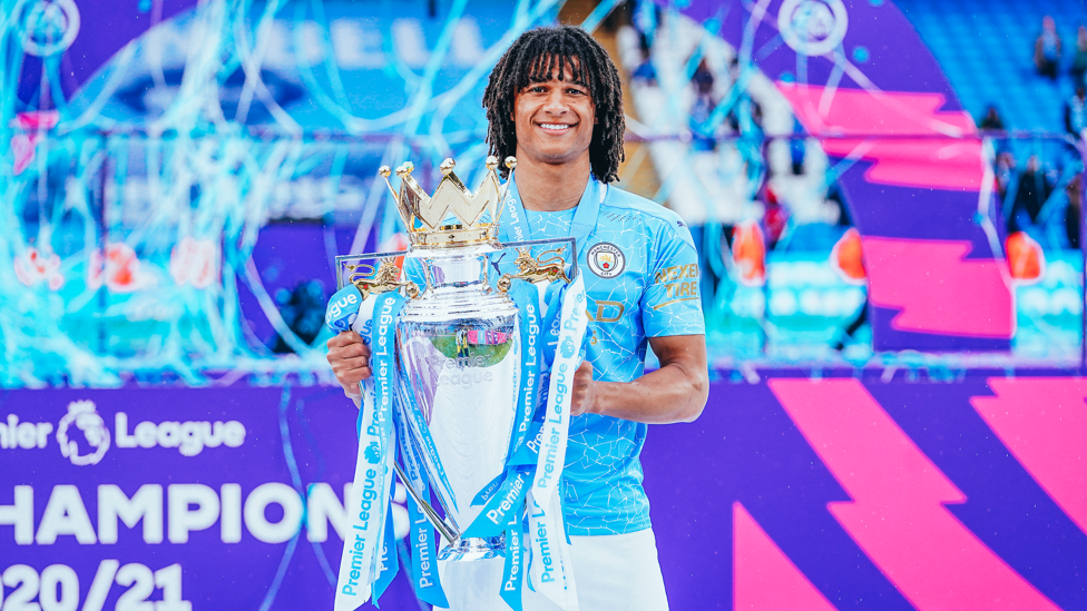 TITLE JOY: Nathan holds the Premier League title aloft after our 2021 success