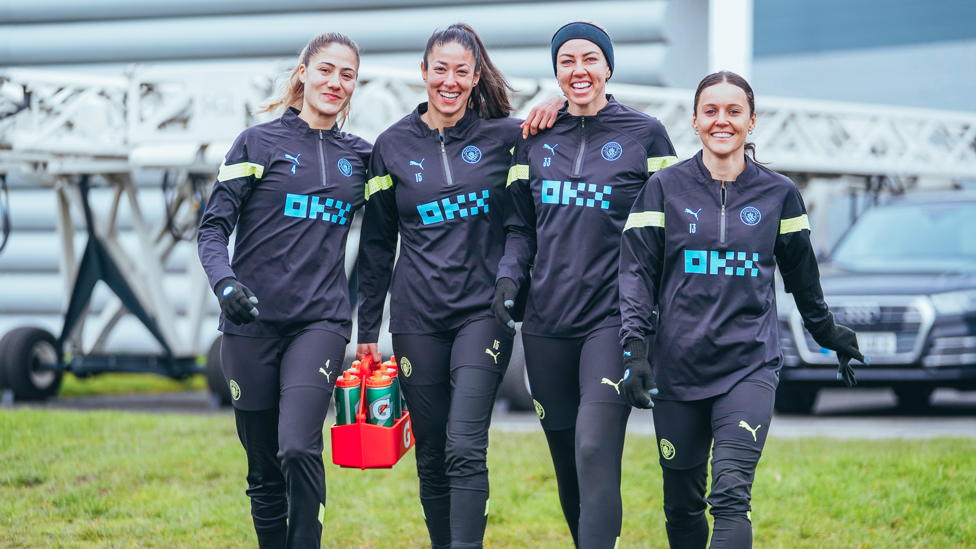 FANTASTIC FOUR : Laia Aleixandri, Leila Ouahabi, Alanna Kennedy and Hayley Raso make their way to the pitch