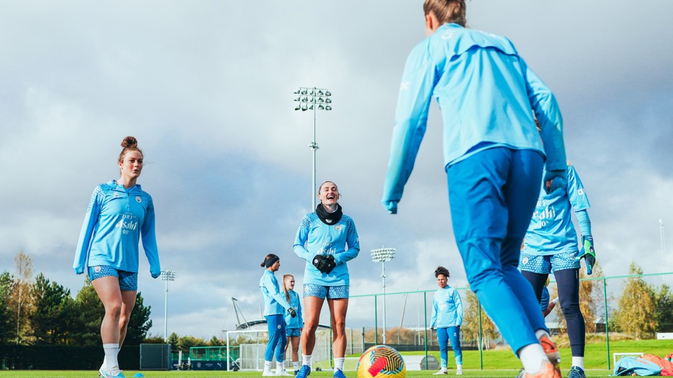 ON THE BALL : Plenty of smiles during a possession drill