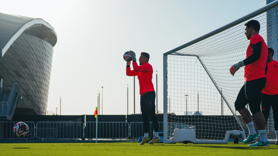 GOALKEEPERS' UNION : Ederson catches during the session.