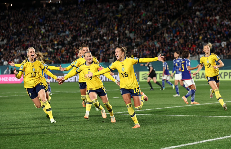 GOAL SCORER : Filippa Angeldahl elated to score Sweden’s first goal in their 2-1 win over Japan in the quarter-final. 