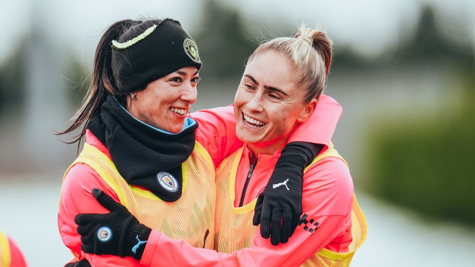 DEFENSIVE DUO : Leila Ouahabi and Steph Houghton in high spirits