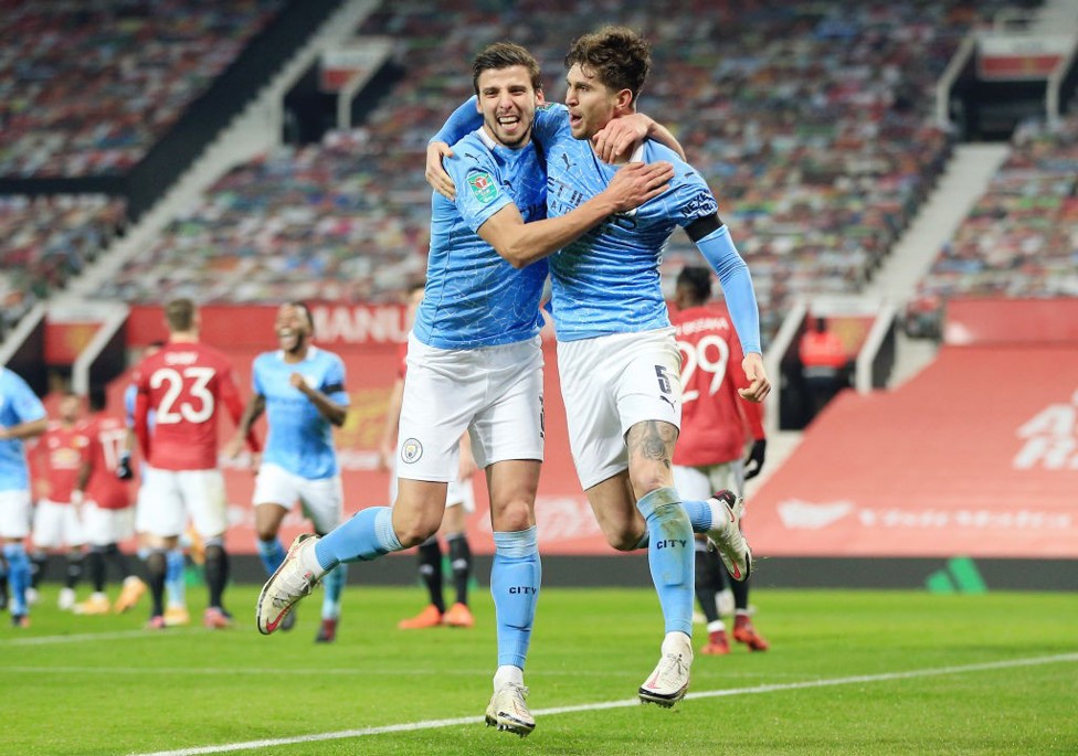 WEMBLEY BOUND: Ruben celebrates with John Stones during our Carabao Cup semi-final win at Manchester United last season