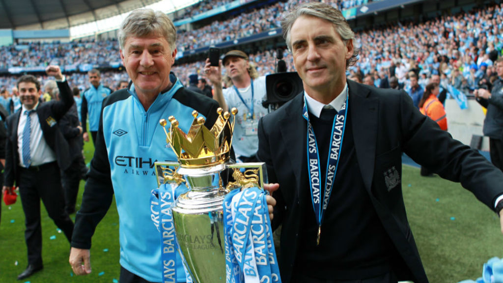 CROWN JEWELS: Brian and Roberto Mancini with the Premier League trophy after our stunning 2012 triumph