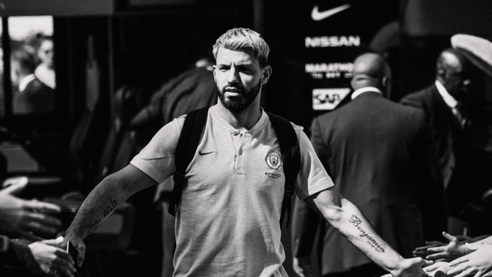 ENTRANCE : Sergio Aguero arrives at the Etihad Stadium.