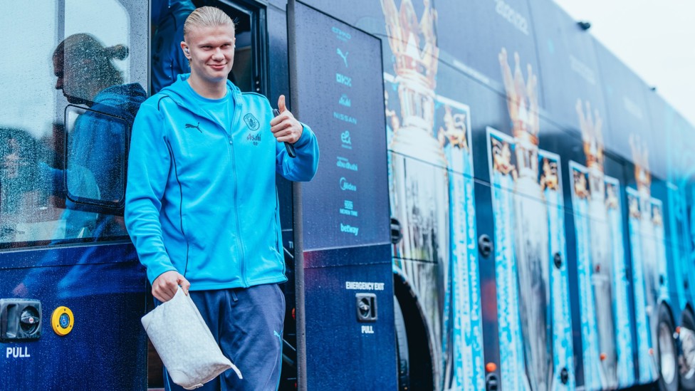 THUMBS UP : Erling Haaland in positive spirits as he gets set for City v Wolves