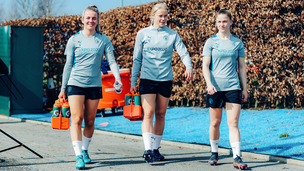 TRAINING DAY : Lauren Hemp, Julie Blakdstad and Jess Park prepare themselves for another session.