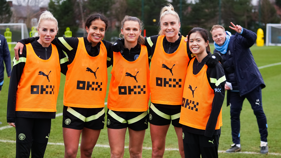 FIVE STAR : Alex Greenwood, Mary Fowler, Kerstin Casparij, Steph Houghton and Yui Hasegawa, with coach Alan Mahon sneaking into frame