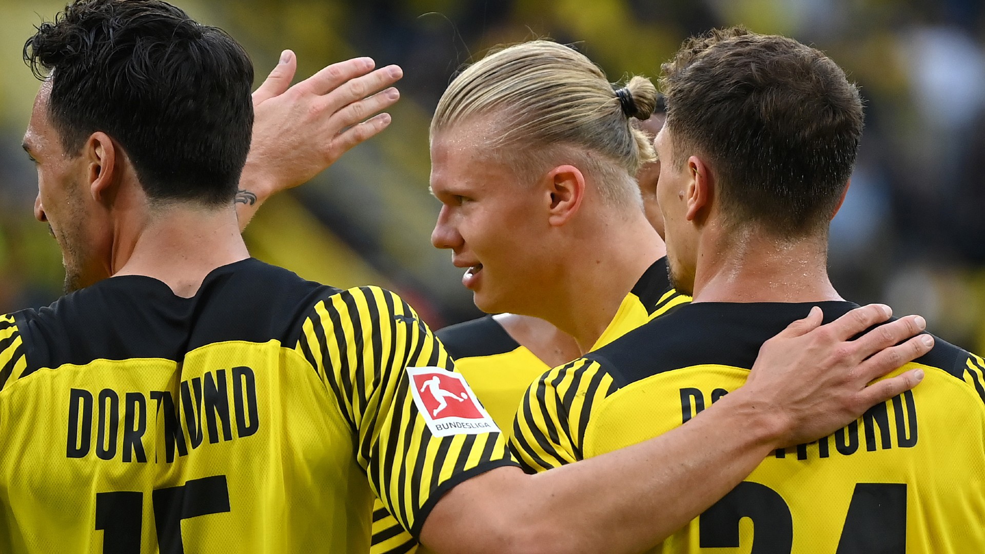 TEAM PLAYER : Haaland's Borussia Dortmund team-mates congratulate him on another goal