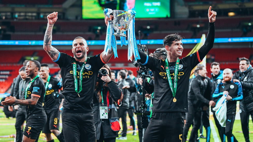 CONTINUED SUCCESS : Walker and Stones, but this time with the League Cup following our win over Aston Villa in 2019/20. 