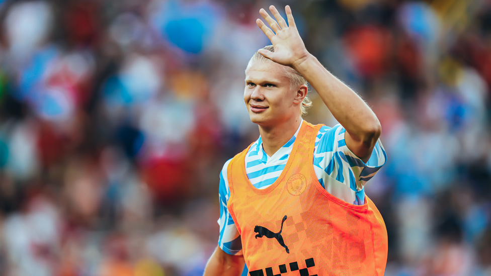 WARMING UP : Erling Haaland waves to the fans ahead of kick-off