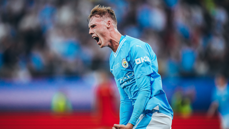 SUPER CUP, SUPER GOAL : Cole celebrates after heading home to draw us level in the Super Cup against Sevilla in August 2023. 