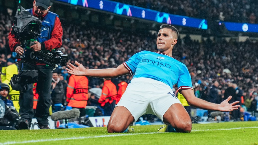 RODRIGO ROCKET : Our midfield marvel, Rodrigo, celebrates after scoring the opener in our 3-0 home Champions League quarter-final win over Bayern Munich in 2023