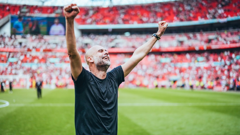 ELATED BOSS : Pep Guardiola is overjoyed after seeing off Manchester United in the FA Cup final