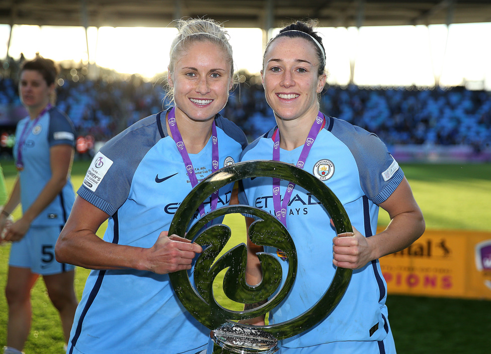 ANOTHER CUP : Steph Houghton and former City player Lucy Bronze are pictured with our second Conti Cup.