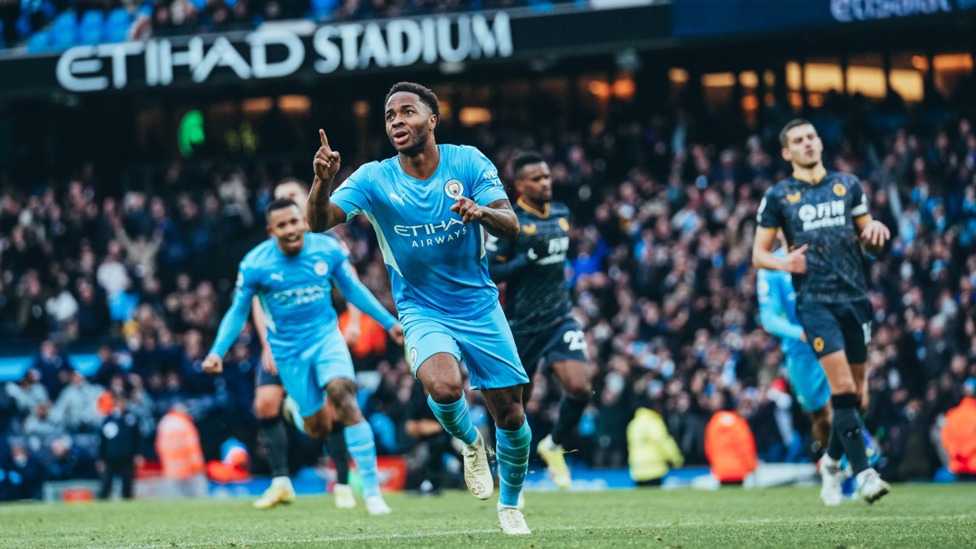 RAHEEM THE DREAM : Sterling wheels away to celebrate joining the 100 Premier League goals club.