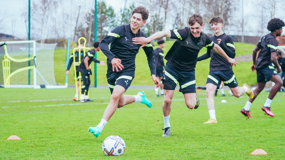 UP FOR THE CUP : The Blues share a laugh during the drills