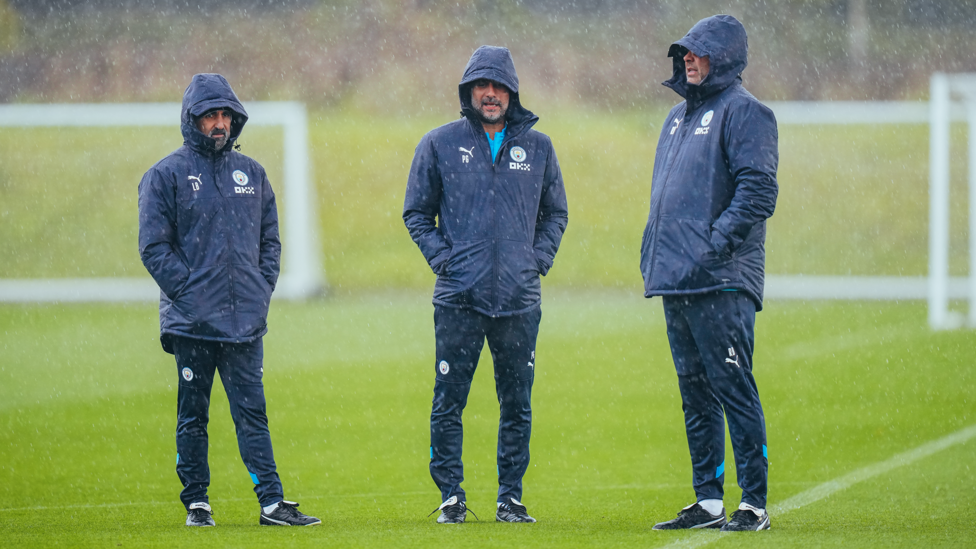 WATCHING BRIEF: Pep, assistant manager Rodolfo Borrell and fitness coach Lorenzo Buenaventura watch over proceedings