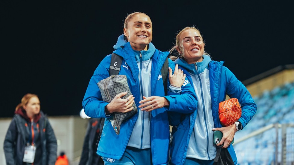 HERE COME THE GIRLS : Steph Houghton and Alex Greenwood arrive at the Joie Stadium.