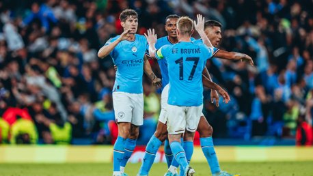 HIGH FIVES: Stones is congratulated after his goal.