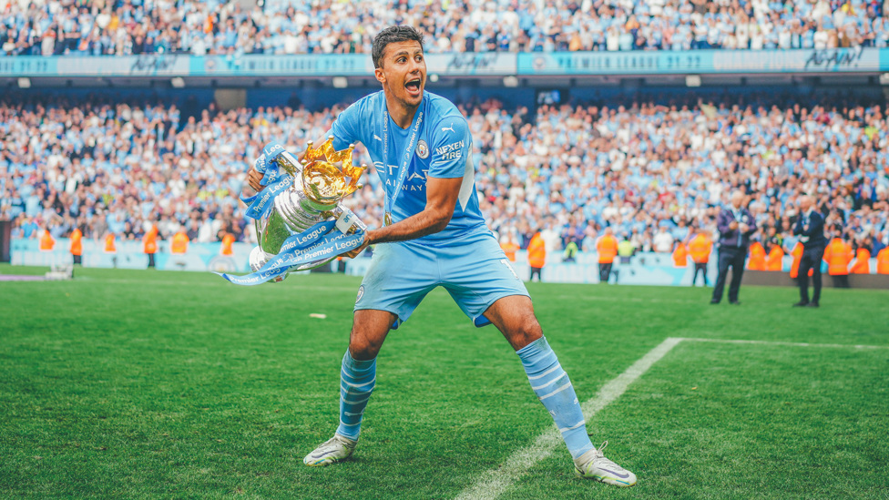 ANOTHER ONE : Rodrigo celebrates his second Premier League title after his goal helped City beat Aston Villa on the final day