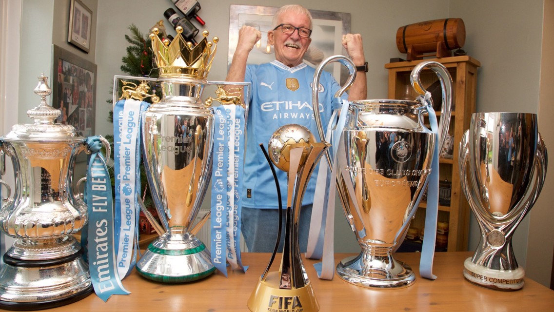 City's five trophies visit lifelong fan and OSC member Michael 