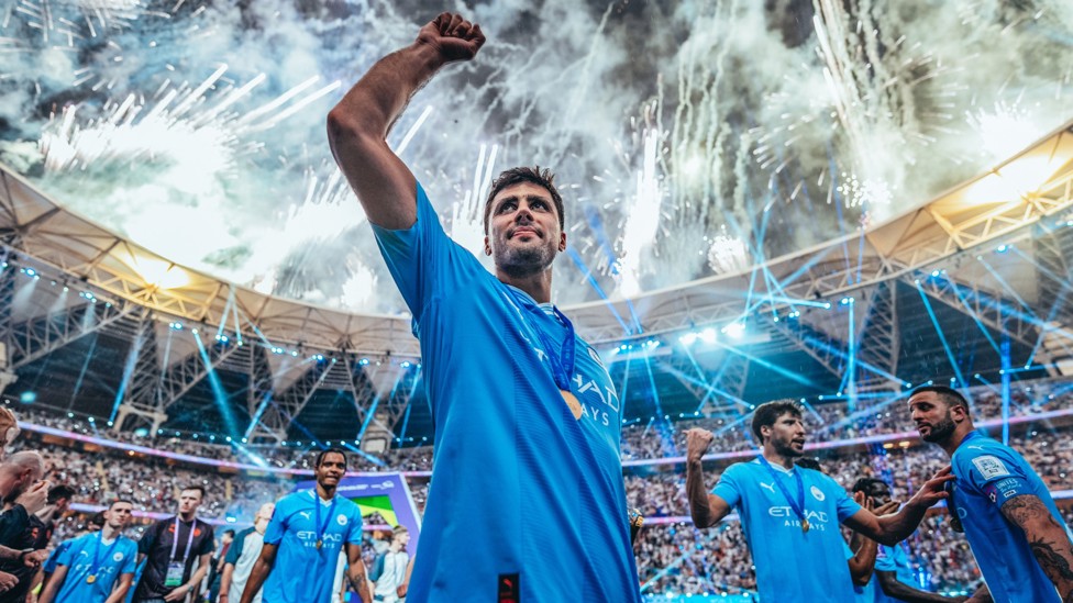 SPECTACULAR! : Rodrigo celebrates our FIFA Club World Cup triumph in Jeddah with fireworks marking the victory in the background