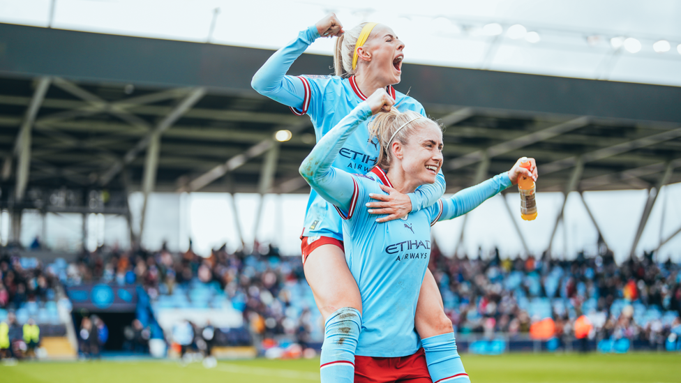 DYNAMIC DUO : Chloe Kelly and Steph Houghton celebrate after our 2-0 win over Chelsea in March.