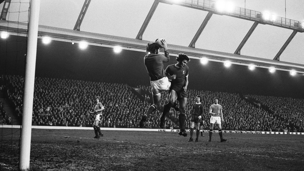 BIG AND STRONG : Corrigan leaps to take a catch against Liverpool in 1973