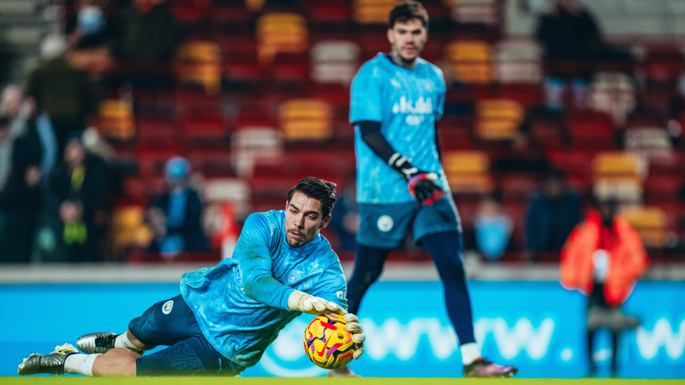 SAFE HANDS STEFAN : Ortega Moreno getting a feel of the ball during the pre-match warm up.