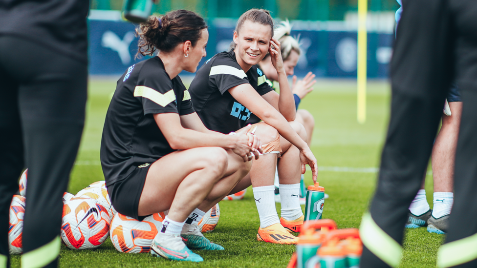 CHATTY CASPARIJ : Kerstin Casparij and Hayley Raso take a seat during a quick drinks break. 