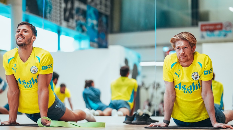 STRETCHES: Ruben and Kevin are put through their paces