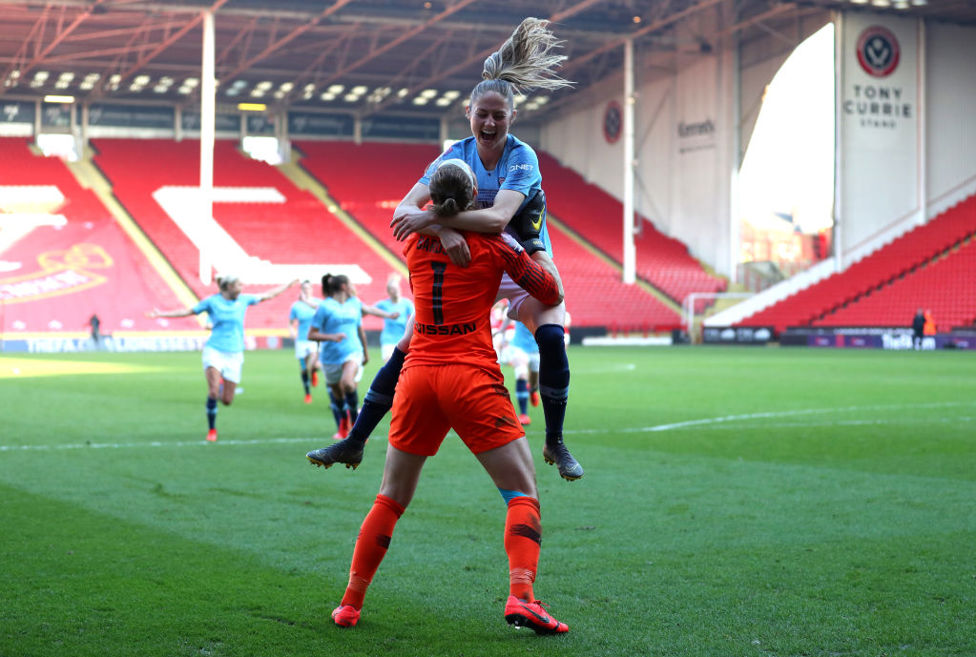 PENALTY DRAMA : Karen Bardsley and Janine Beckie celebrate another Conti Cup triumph, this time on penalties against Arsenal in 2019