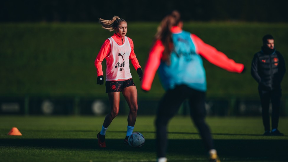 SKIPPER STEPH : Houghton searches for a pass in a small-sided game