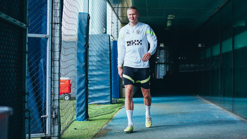 WALK TALL : Erling Haaland gets ready for training