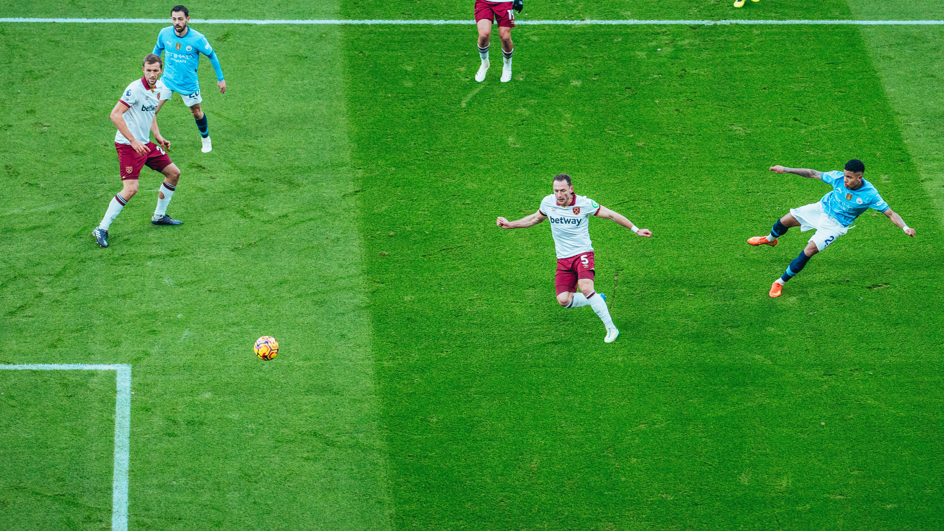 STRIKE ONE: Vladimir Coufal deflects Savinho's effort into the West Ham goal.