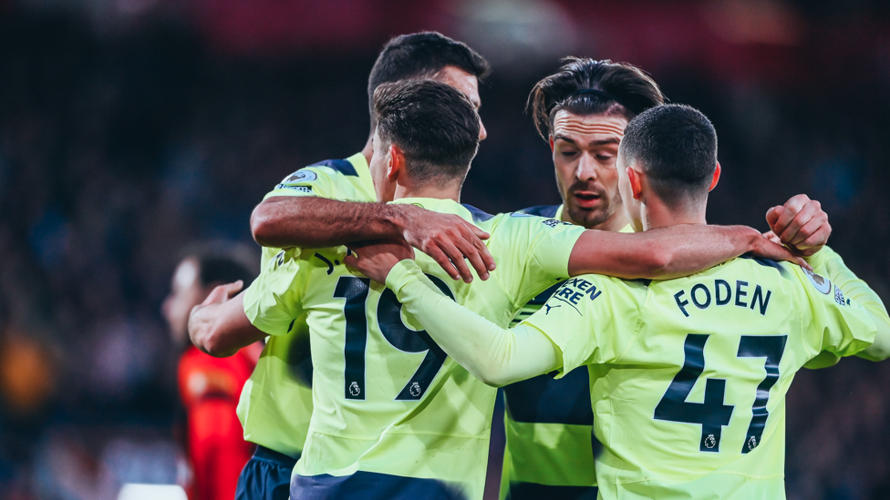 FANTASTIC FOUR : Foden, Rodri and Grealish celebrate with Alvarez.