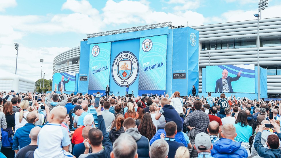 WELCOME PEP : Pep Guardiola is unveiled to the fans at the Etihad Stadium after officially taking over as boss in 2016