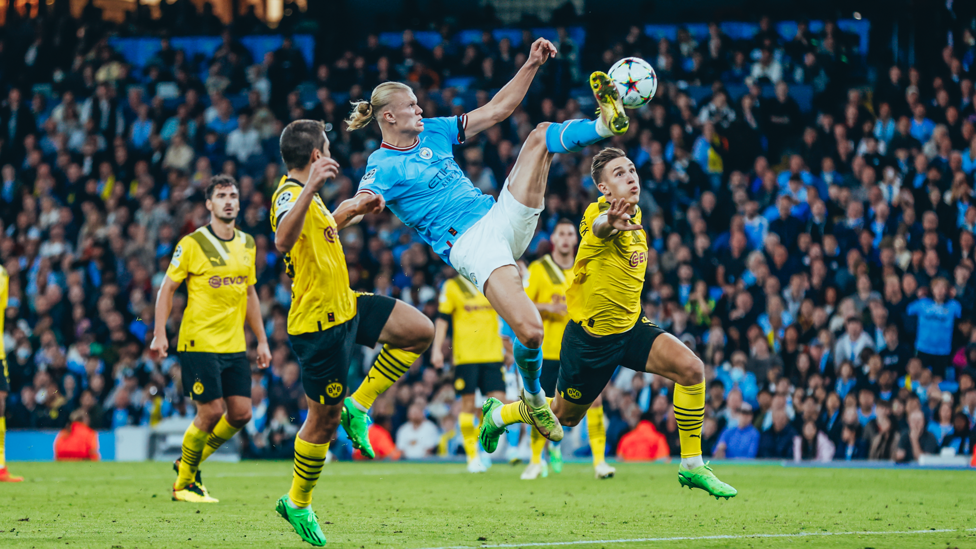 HAALAND KNOCKS IT HOME : Erling Haaland climbs high to complete a turnaround against former side Borussia Dortmund on 14 September