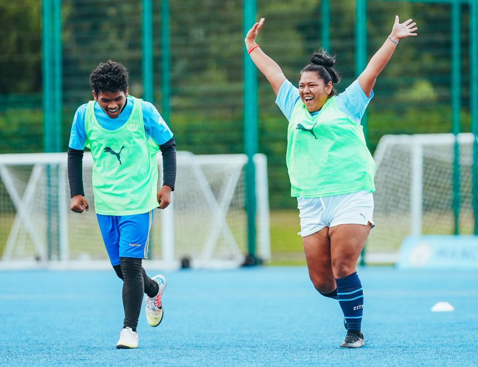 Karina, a Young Leader from Valle de Chalco in Mexico City, celebrates scoring a goal at our Global Young Leaders Summit 2022