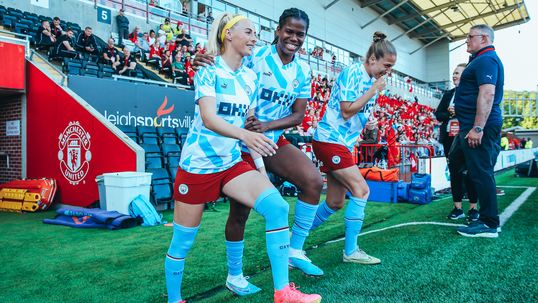 CHECKING IN: Chloe Kelly and Khadija 'Bunny' Shaw enter the pitch ahead of a pre-match warm-up.