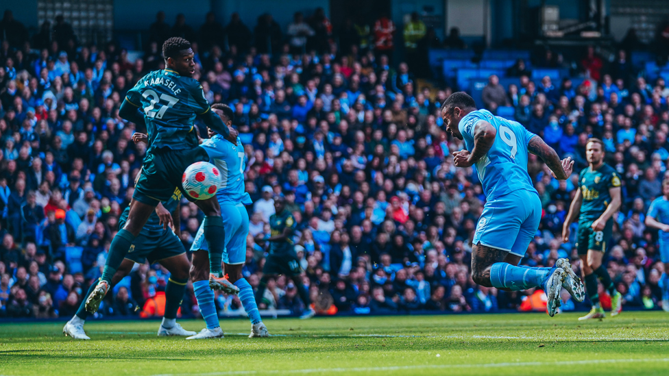 MAKE THAT TWO : Jesus heads in his second goal shortly after the first!