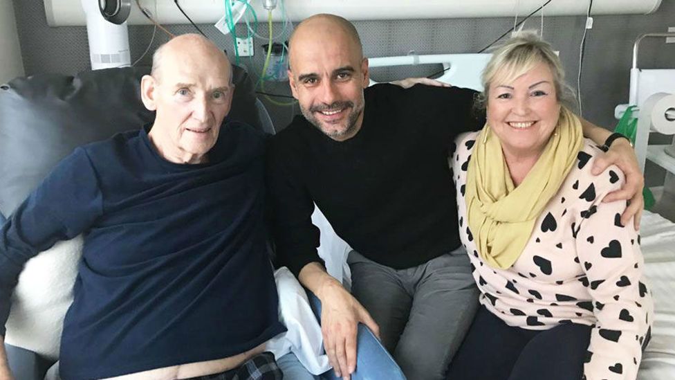 TRUE BLUES : Manager Pep Guardiola made a special visit to see Bernard whilst he received treatment in hospital and is pictured here along with Bernard's wife Karen